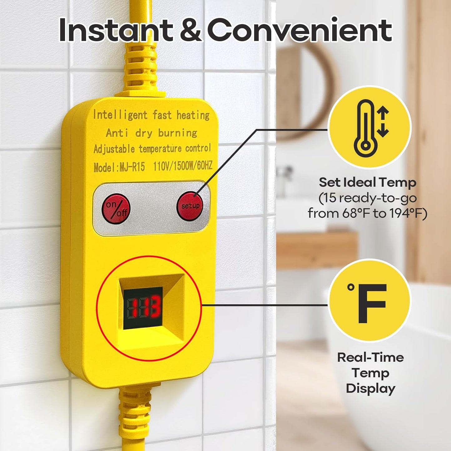 1500W Portable Immersion Water Heater with Thermostat & Real-Time Display for Buckets & Hot Tubs