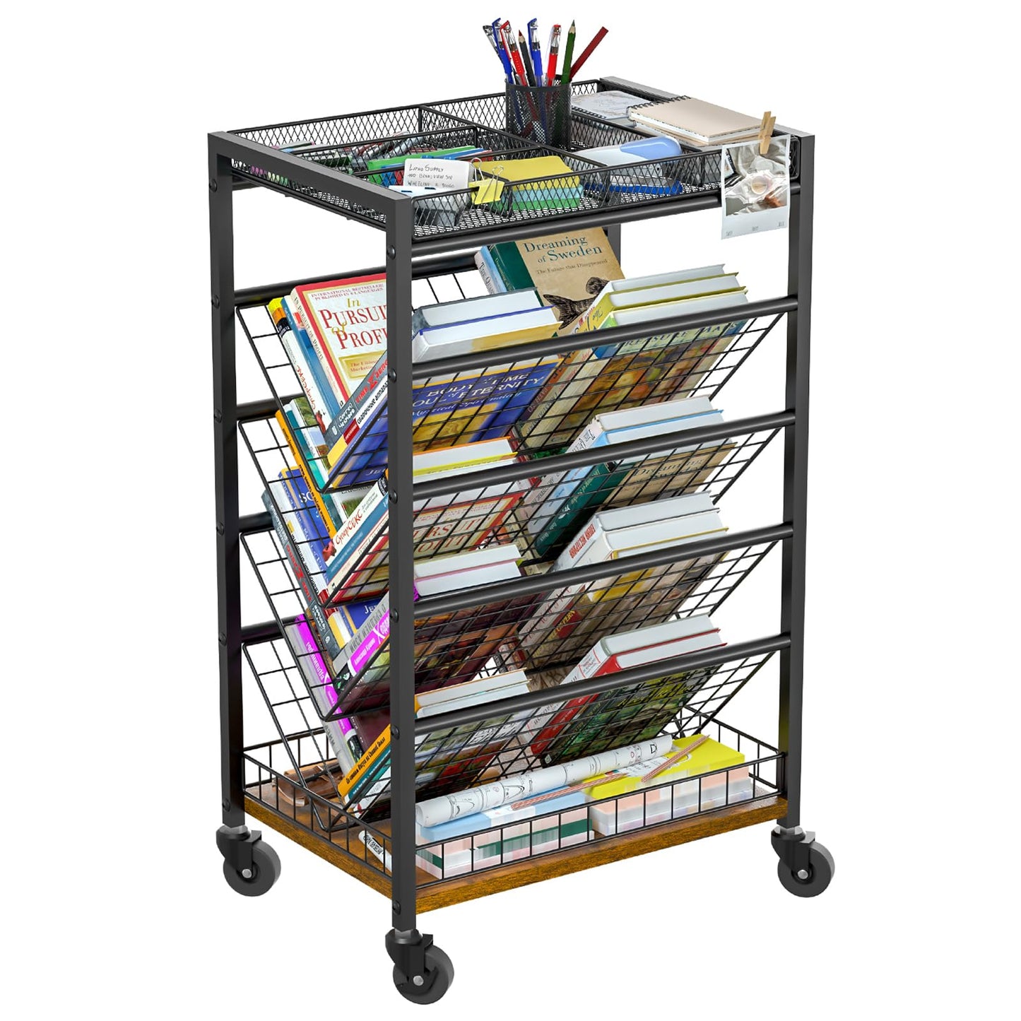 8-Tier Book Cart with Wheels for Kids, Rolling Utility Cart with Lockable Casters Rolling Book Storage Rack for Study Office Living Room Classroom