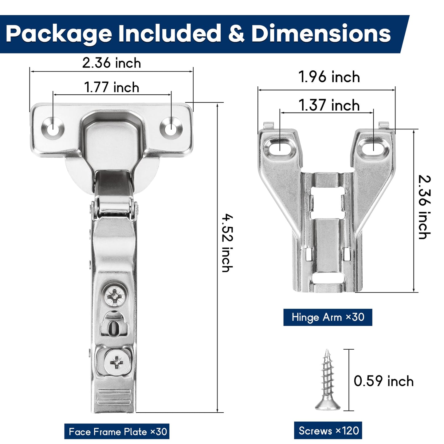 30 Pack 1/2'' Overlay Face Frame Soft Close Hidden Cabinet Hinges, 105 Degree 3D Adjustable Clip On Plate Concealed Kitchen Cupboard Door Hinges with Screws