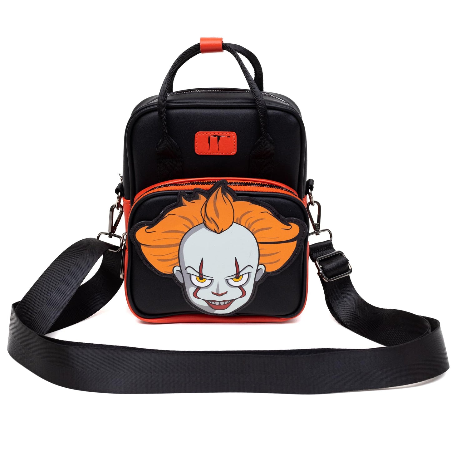 Buckle-Down Horror Movies Vegan Leather Crossbody Backpack for Men and Women with Adjustable Strap, It Pennywise Smiling Face Applique