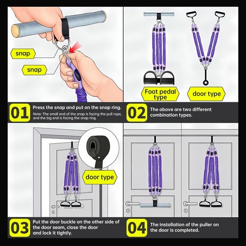 FEFURS Upgrade Pedal Resistance Band Purple,4-Tube Elastic Sit Up Pull Rope for Men and Women,Pedal Puller for Strength Training,Foot Resistance Rope for Physical Therapy with 5Pcs Exercise Bands