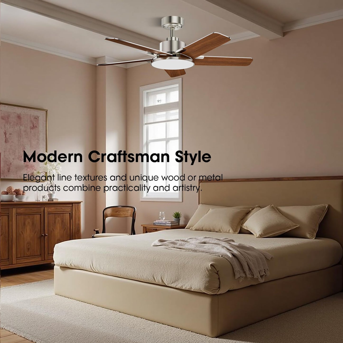 Fanbliss 44 Inch Ceiling Fans with Lights, Modern Nickel Ceiling Fan with Dimmable LED, 6 Speeds, Timer, Quiet Reversible DC Motor, Remote Control Ceiling Fan for Bedroom, Living Room and Kitchen