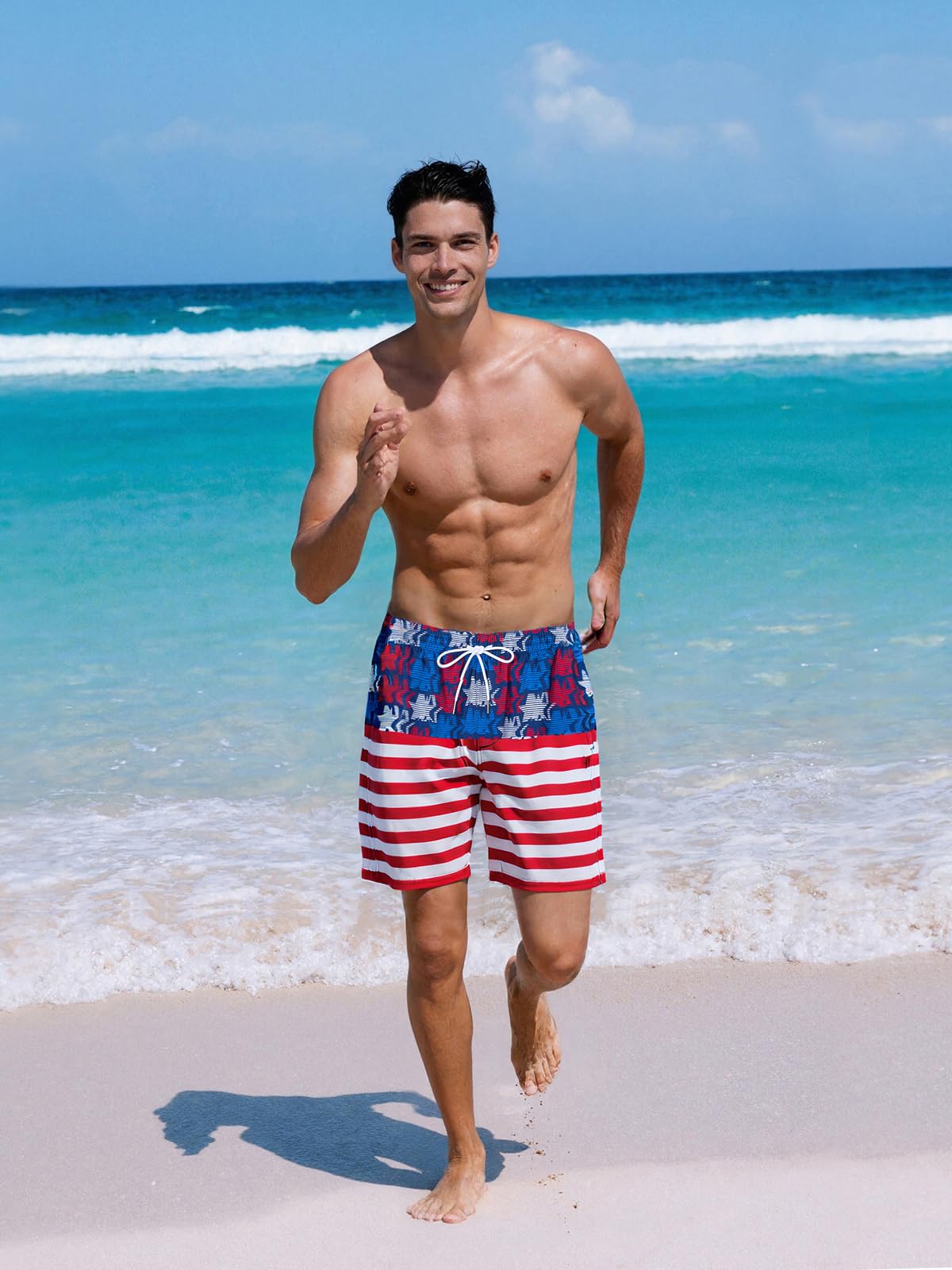 SURF CUZ Mens Swim Trunks with Compression Liner Quick Dry Swim Shorts 7" Swimming Trunks Stretch Bathing Suit 7 Inch,American Flag,L