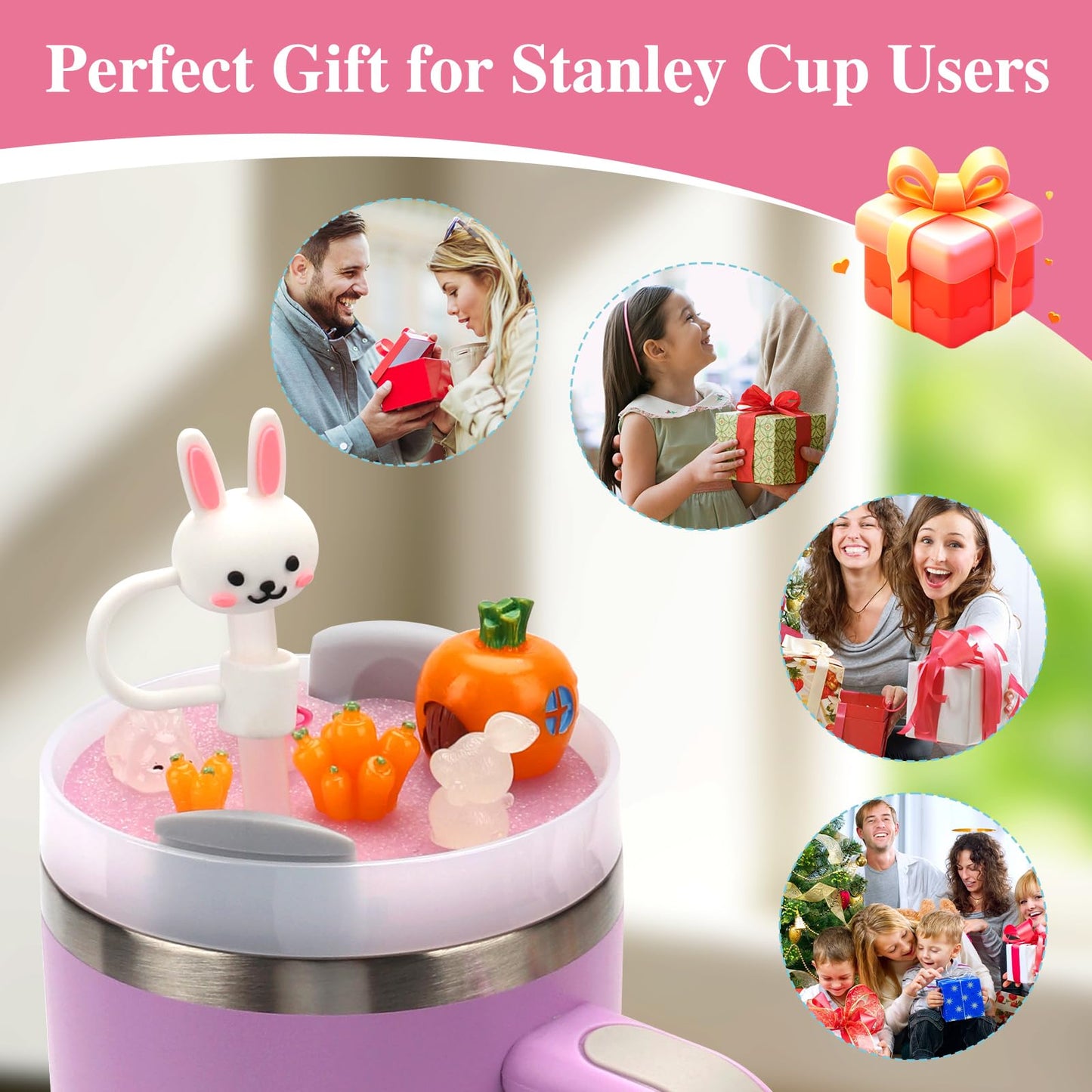 Stanley Cup Lid Accessories for 40oz H2.0, Topper Decoration Charms with Silicone Straw Cover, Cute Tumbler Accessories