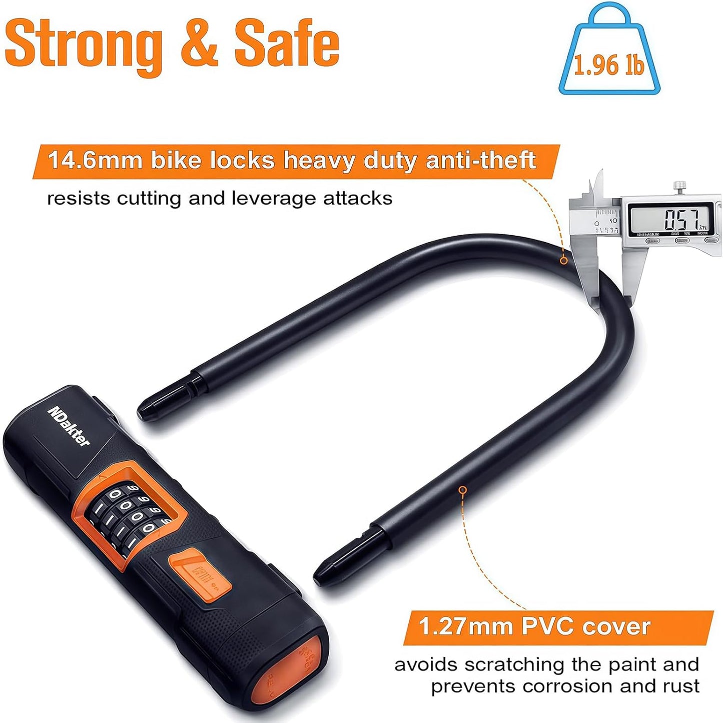 NDakter Heavy-Duty Bike Lock - Anti-Theft U Lock with 4-Digit Combination & 5Ft Steel Cable | Large Size for E-Bikes & Motorcycles
