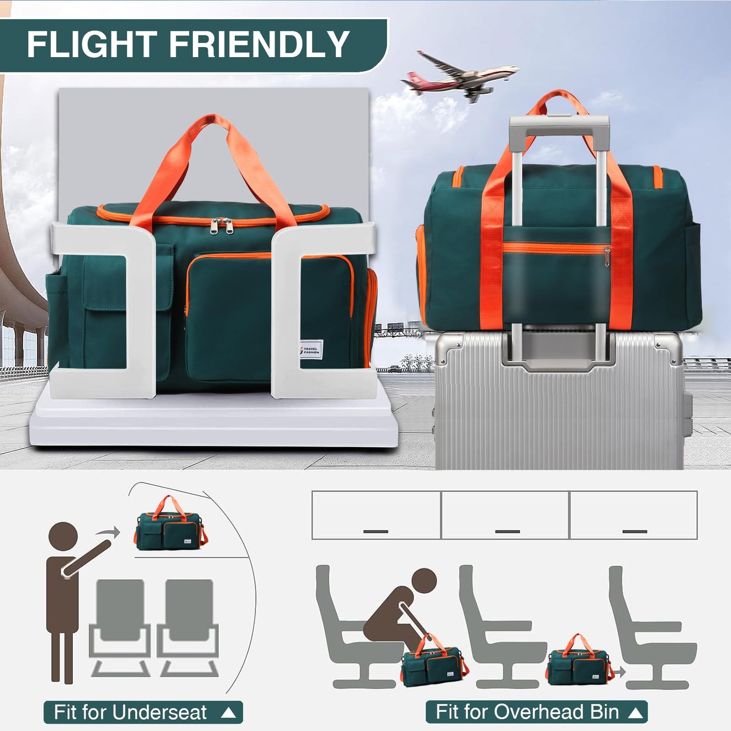 Small Gym Bag for Women, Waterproof Travel Duffle Bag Carry On Weekender Bag with Shoe Compartment & Wet Pocket, Gym Tote Bag for Travel, Workout, Sport - Green Orange