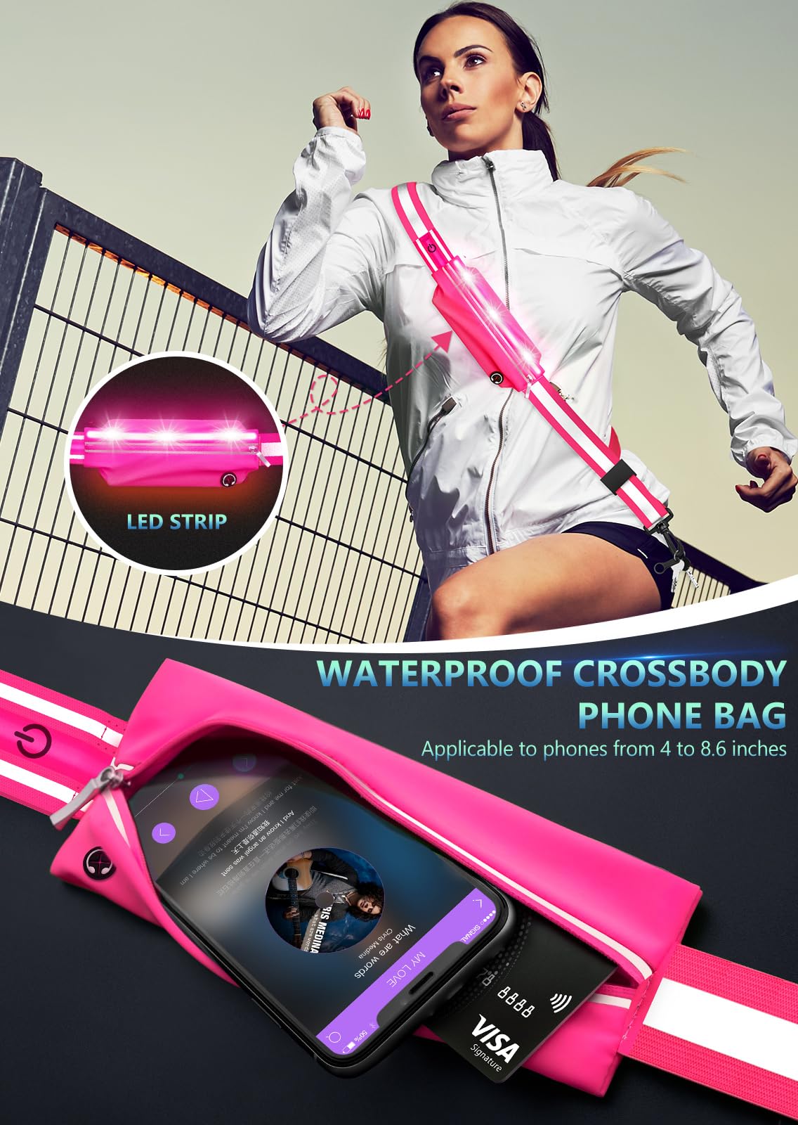Fokia Kunbio LED Reflective Belt Sash for Walking at Night, Night Running Safety Gear High Visibility Rechargeable LED Light Up Running Belt for Runners Walkers Men Women(Pink)