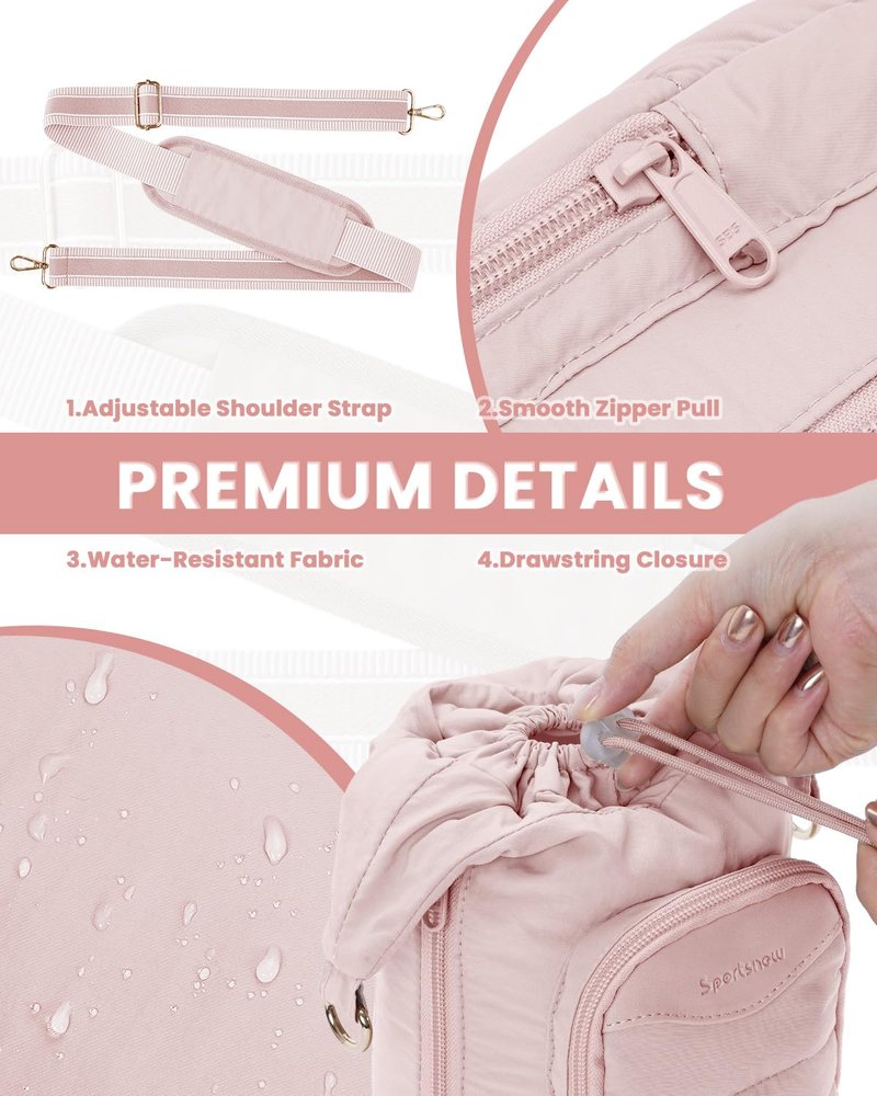 sportsnew Water Bottle Holder for 30oz/40oz Tumbler with Handle, Puffy Water Bottle Carrier Bag with Phone & RFID-Blocking Card Pocket & Drawstring Closure for Quick Access, Light Pink
