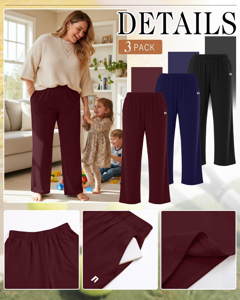 Neer 3 Packs Women's Plus Size Wide Leg Sweatpants High Waist Elastic Waistband Lounge Pants with Pockets(Black, Navy Blue, Wine Red,XX-Large)