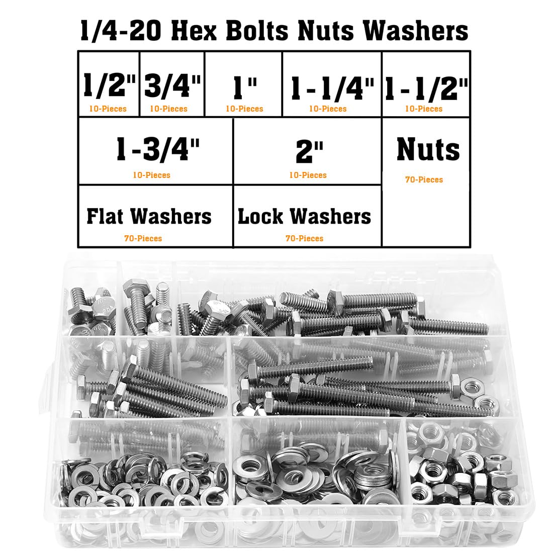 280PCs 1/4-20 Hex Bolts Screws Hex Nuts Flat Washers Lock Washer Kit, Stainless Steel 304, Fully Threaded Hex Bolt 1/4-20 x 1/2" 3/4" 1" 1-1/4" 1-1/2" 1-3/4" 2" Length
