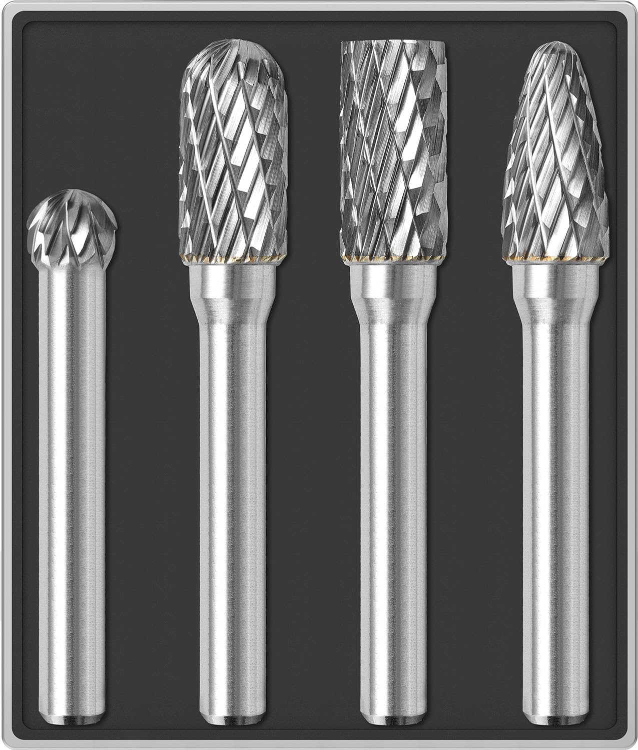 Sworker 4Pcs Carbide Burr Set 1/4 Shank w/Clear Box Head Dia 8mm Die Grinder Bits Rotary Tools Attachment Kit Rasp File Accessories Metal Wood Stone Steel Grinding Deburring Cutting Porting Carving