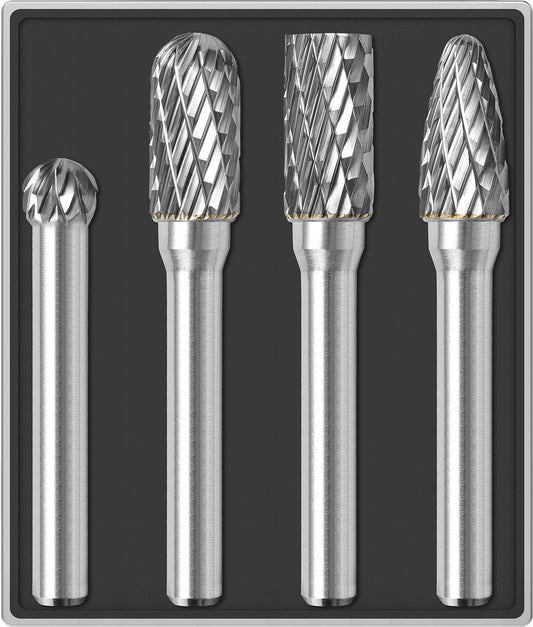 Sworker 4Pcs Carbide Burr Set 1/4 Shank w/Clear Box Head Dia 8mm Die Grinder Bits Rotary Tools Attachment Kit Rasp File Accessories Metal Wood Stone Steel Grinding Deburring Cutting Porting Carving