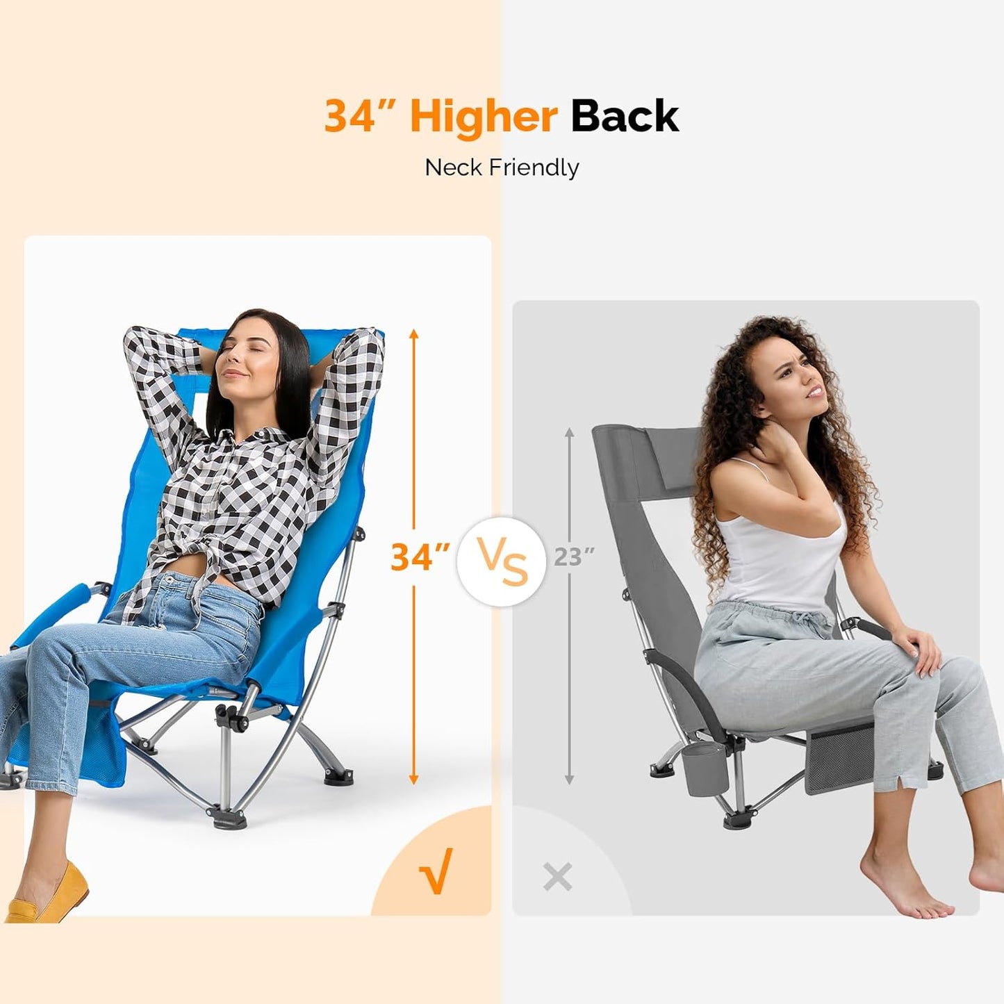 VINGLI Low Beach Chairs - High Back Portable Folding Chairs with Carry Bag | 2-Pack for Camping & Picnics