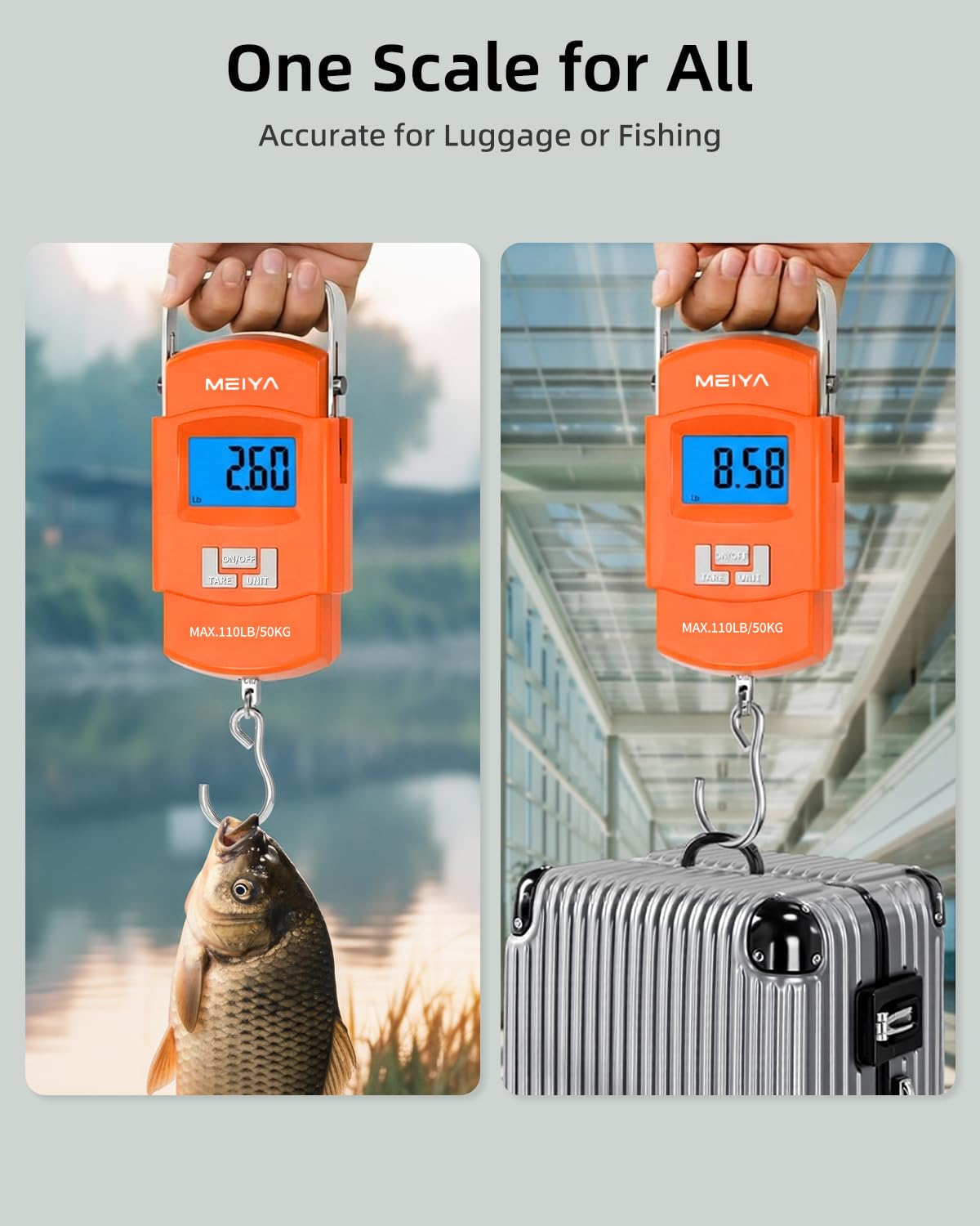 MEIYA Fish Scale 110lb/50kg Digital Fishing Scale with Backlit LCD, Portable Handle, Stainless Steel Hook & 2 AAA Batteries – Great Fishing Gifts for Men, Orange