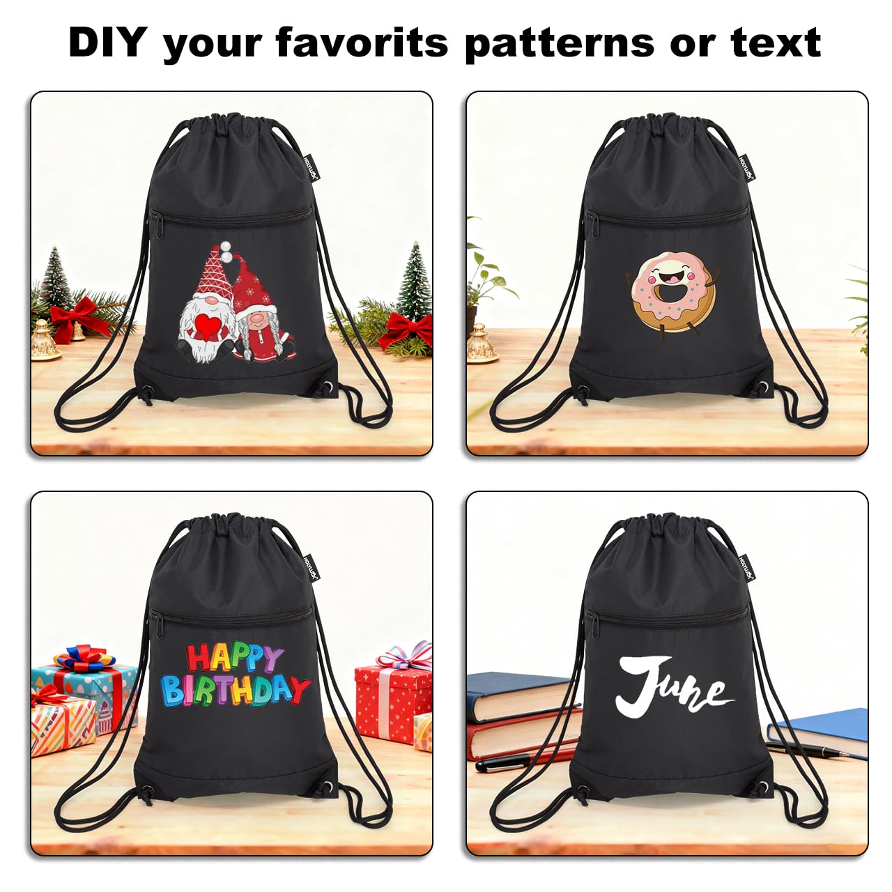 HOLYLUCK Drawstring Bags Backpack Sackpack Cinch Bags for Sports, Gym, Travel, Beach (Black)