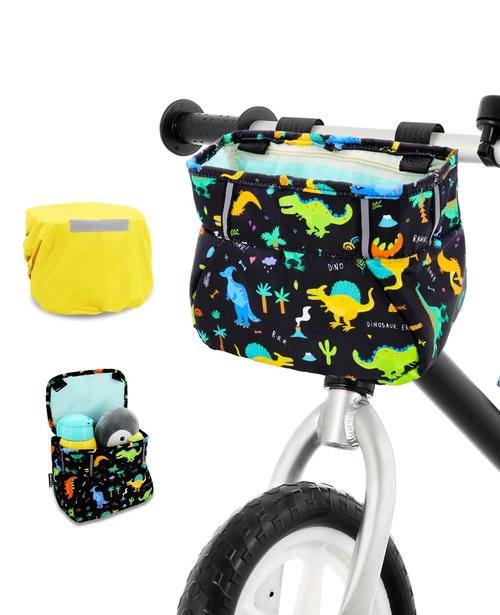 ANZOME Kids Bike Basket, Dinosaur Themed Bicycle Handlebar Bag with Waterproof Cover, Easy Mount Front Basket for Boys, Large Storage Space for Toys and Snacks, Fun Gift for Kids Bike or Scooter