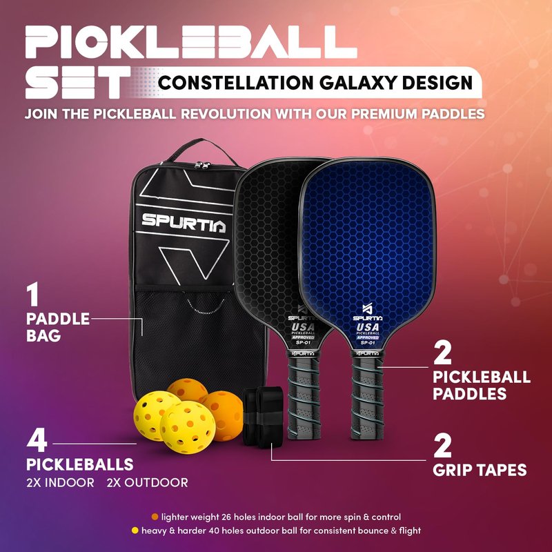 Spurtia Pickleball Paddles Set of 2 - USAPA Approved Fiberglass Pickle Ball Rackets with Balls, Grip Tapes and Carry Bag - Lightweight Pickleball Set for Men, Women and Beginners