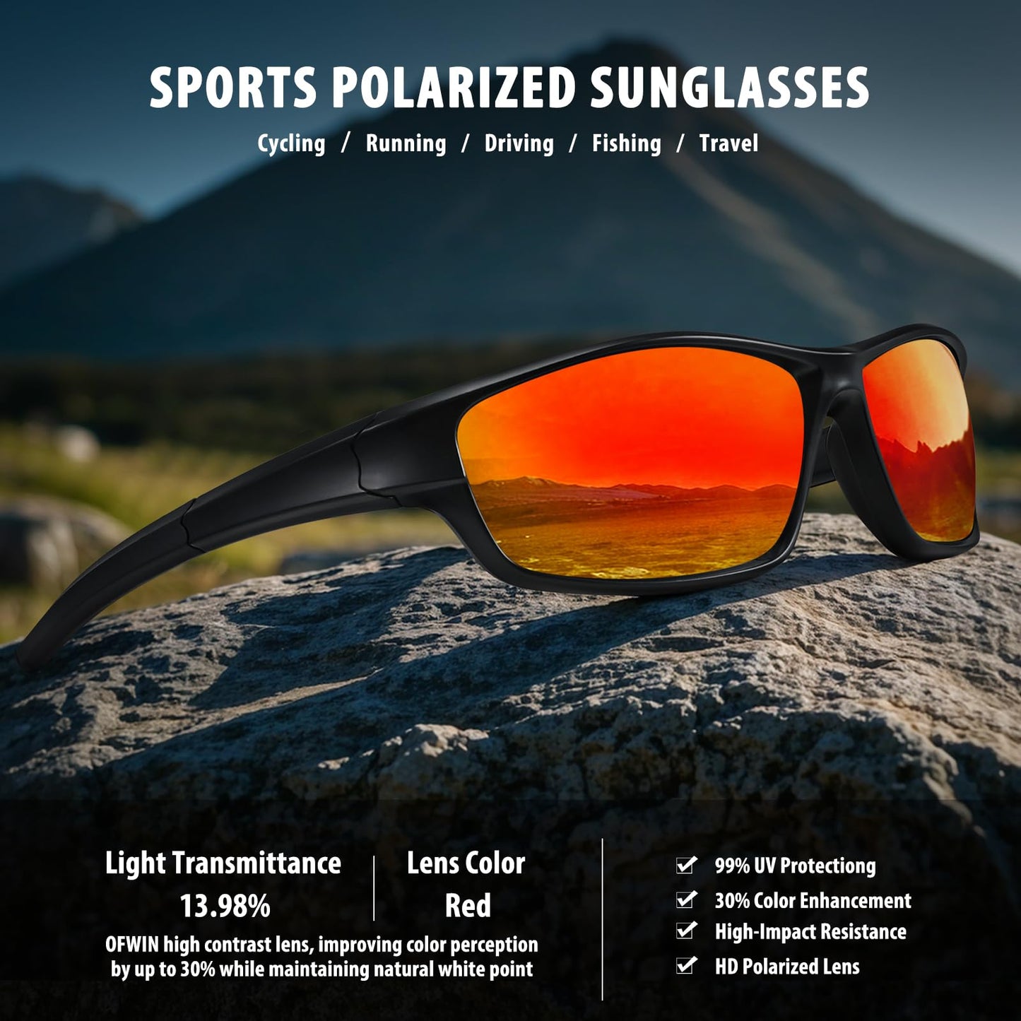 Ofwin Polarized Sports Sunglasses for Men Women Driving Cycling Fishing Wrap Around Sun Glasses UV400 Protection Matte Black Frame/Red Mirror Lens