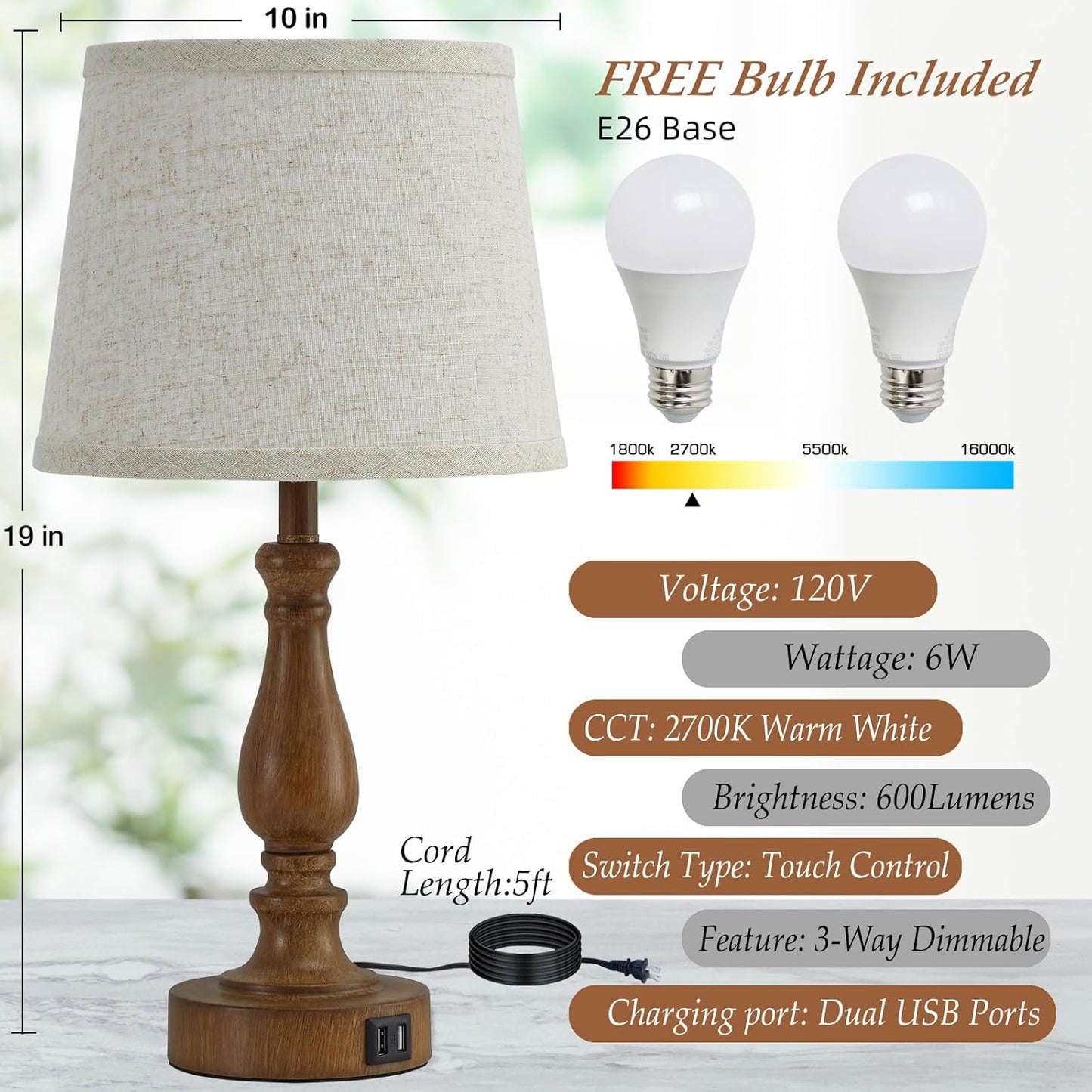 Touch Bedside Table Lamps Set of 2 with USB C+A Ports - 3-Way Dimmable Linen Shade