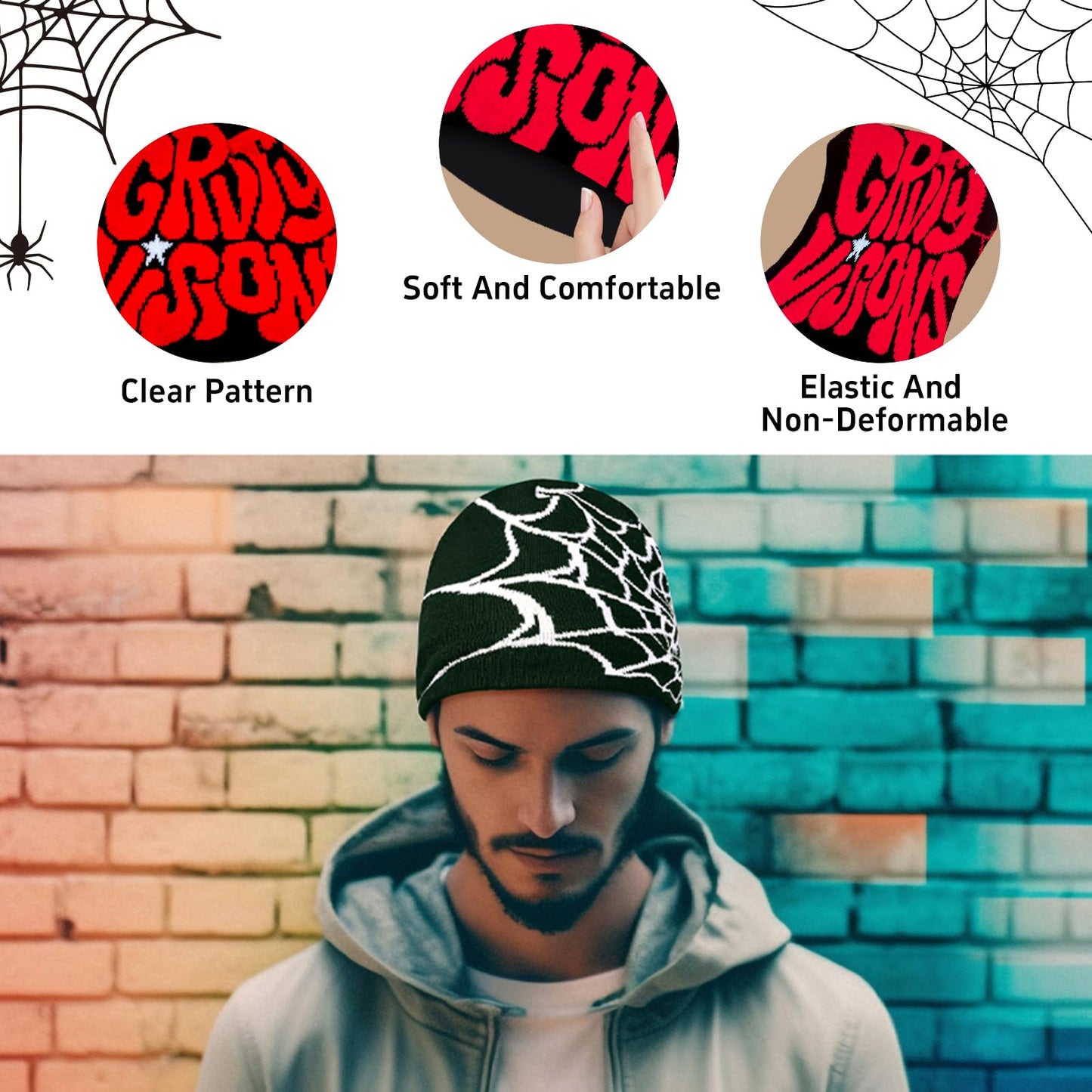 yiilead 4 Pcs Y2K Beanie Spider Web Beanie, Winter Streetwear Headwear Knitted Hat Goth Graphic Beanies for Men Women Black