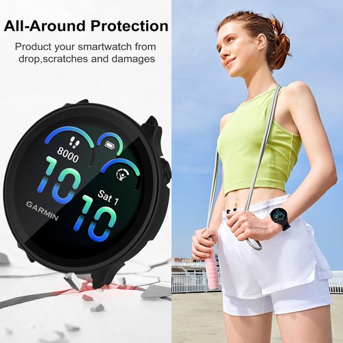 JADTILXY Case Compatible with Garmin vivoactive 6 with Screen Protector, 4-Pack Hard PC Cover HD Tempered Glass Case Anti-scratch Full Protection Shell for Garmin vivoactive 6 (Black+Blue+Green+Clear)