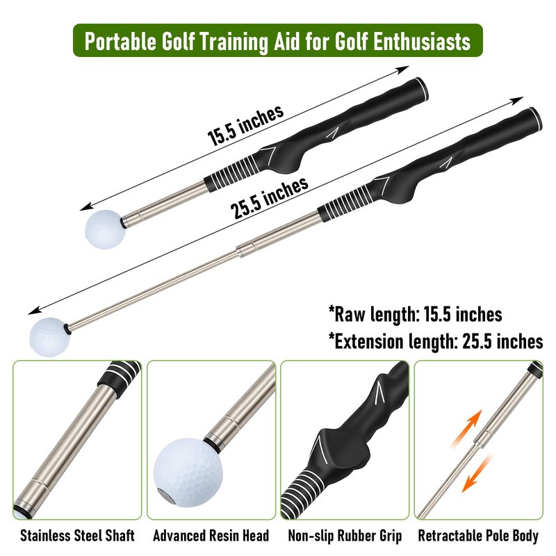 Anggugu Retractable Golf Swing Training Aid - Portable Grip Trainer with Click Feedback for Right Handed Golfers, Portable Swing Tempo Trainer with Arm Band for Indoor & Outdoor Practice