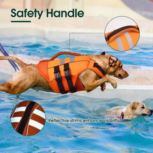 Kuoser Dog Life Jacket - High Flotation Safety Vest for Swimming & Boating | Reflective Orange, Large