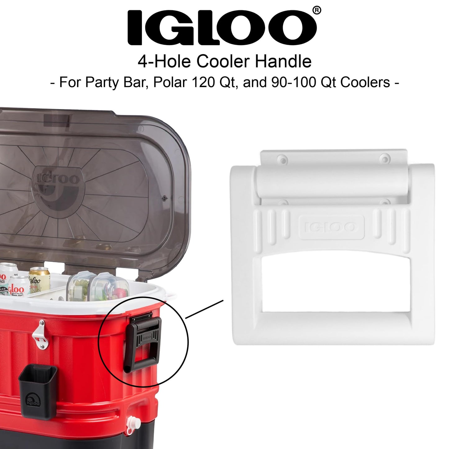 Igloo Rugged 4-Hole Cooler Handle & Bracket - Made in The USA - for Party Bar, Polar 120 Qt, and 90-100 Qt Sized Ice Chests (White)