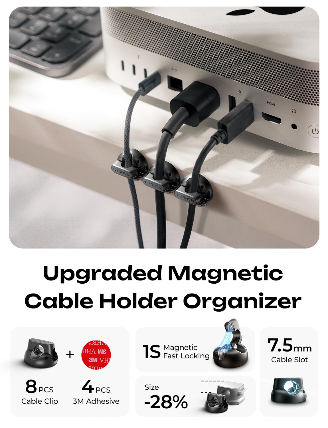 8-Pack Magnetic Cable Clips [1S Snap-On] Cord Holder, LISEN Office Desk Organizers and Accessories with 4 Extra Strong Adhesive Pads, Wire Organizer for Nightstand, Home, Wall, Car, Desktop