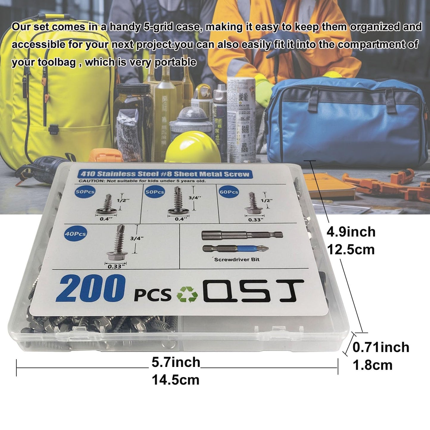 QSJ 200PCS #8 Sheet Metal Screws Set 410 Stainless Steel Fast Self Tapping Screws with Screwdriver Bit Silver