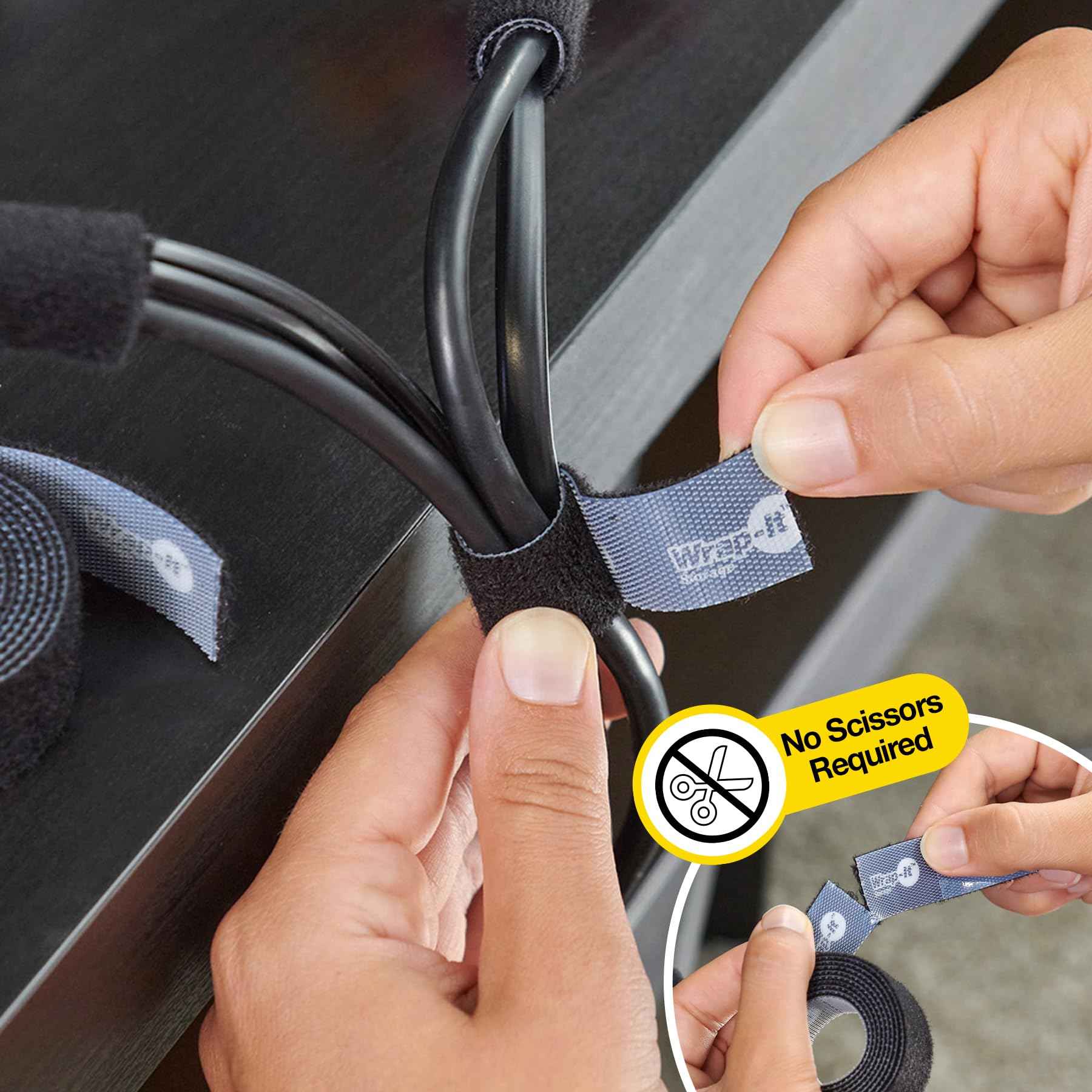 Self-Gripping Perforated Roll Cable Ties by Wrap-It Storage - 3 Pack of 12' x .75" Rolls Black - Cord Organizer for Appliances and Home Office Cables