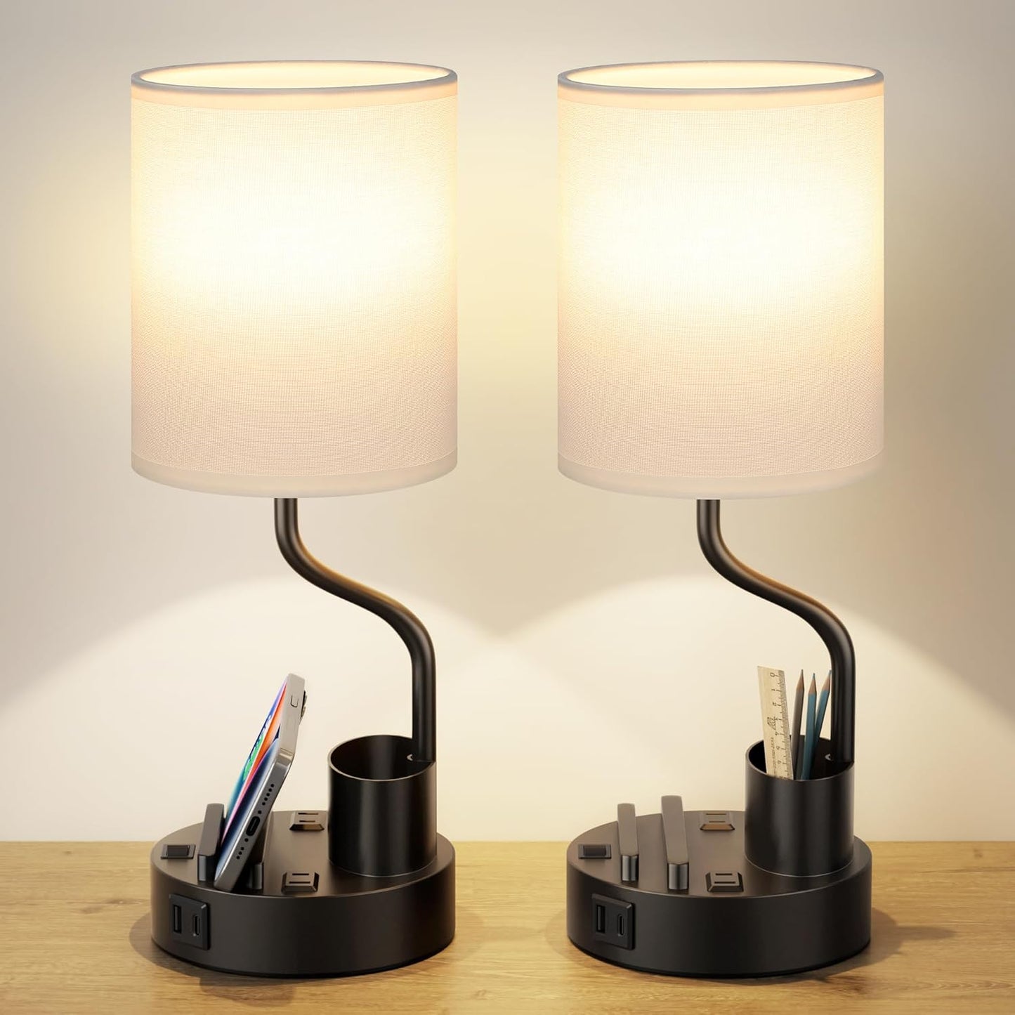 Set of 2 Bedside Table Lamps with USB & AC Outlet - 3 Color Temperatures, Desk Light & Phone Stand for Bedroom, Living Room, Office