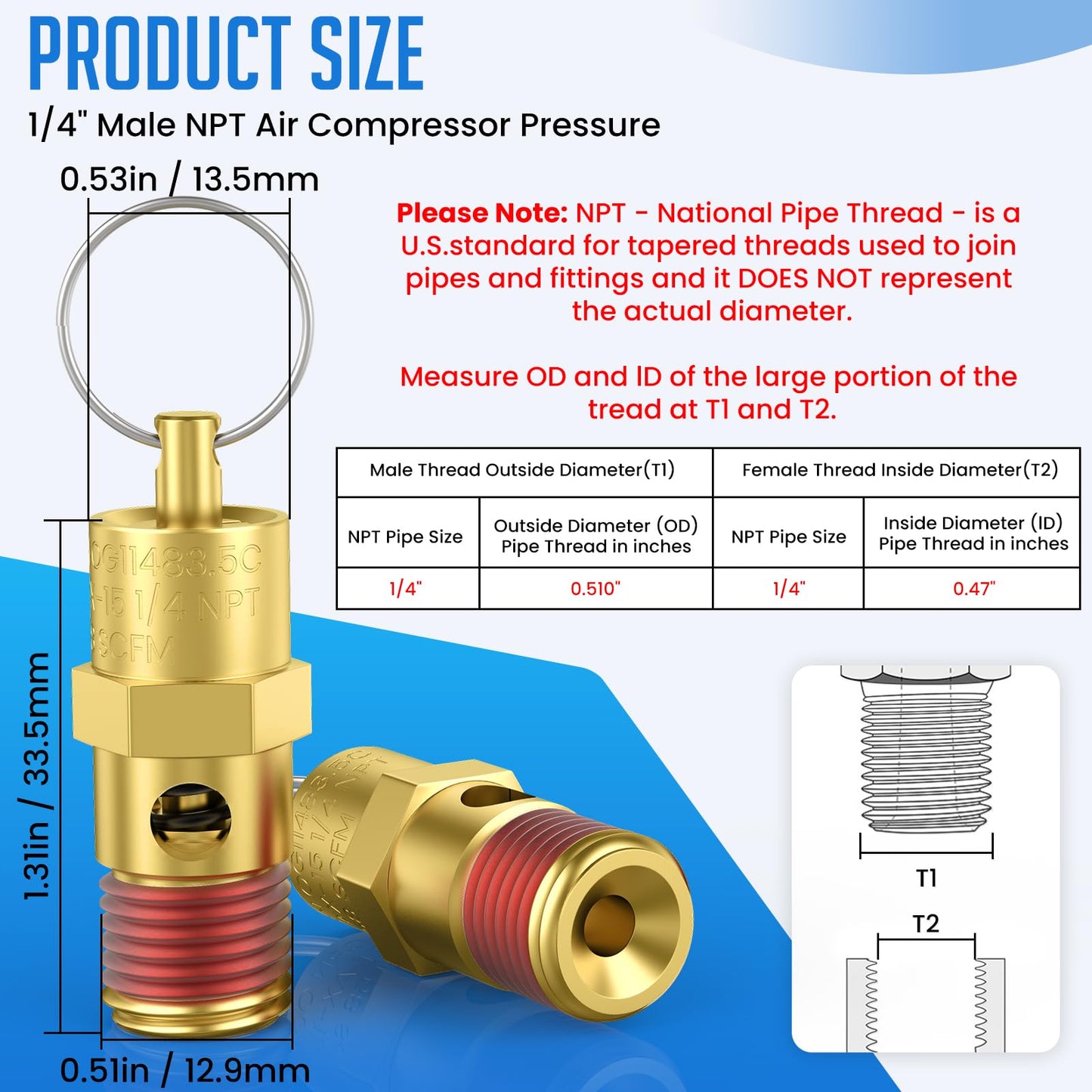 HONSNKS 2 Pcs 1/4" NPT(M) 200 PSI Air Compressor Pressure Relief Valve, Brass Safety Valve for Air Compressor (Tank Pop Off)