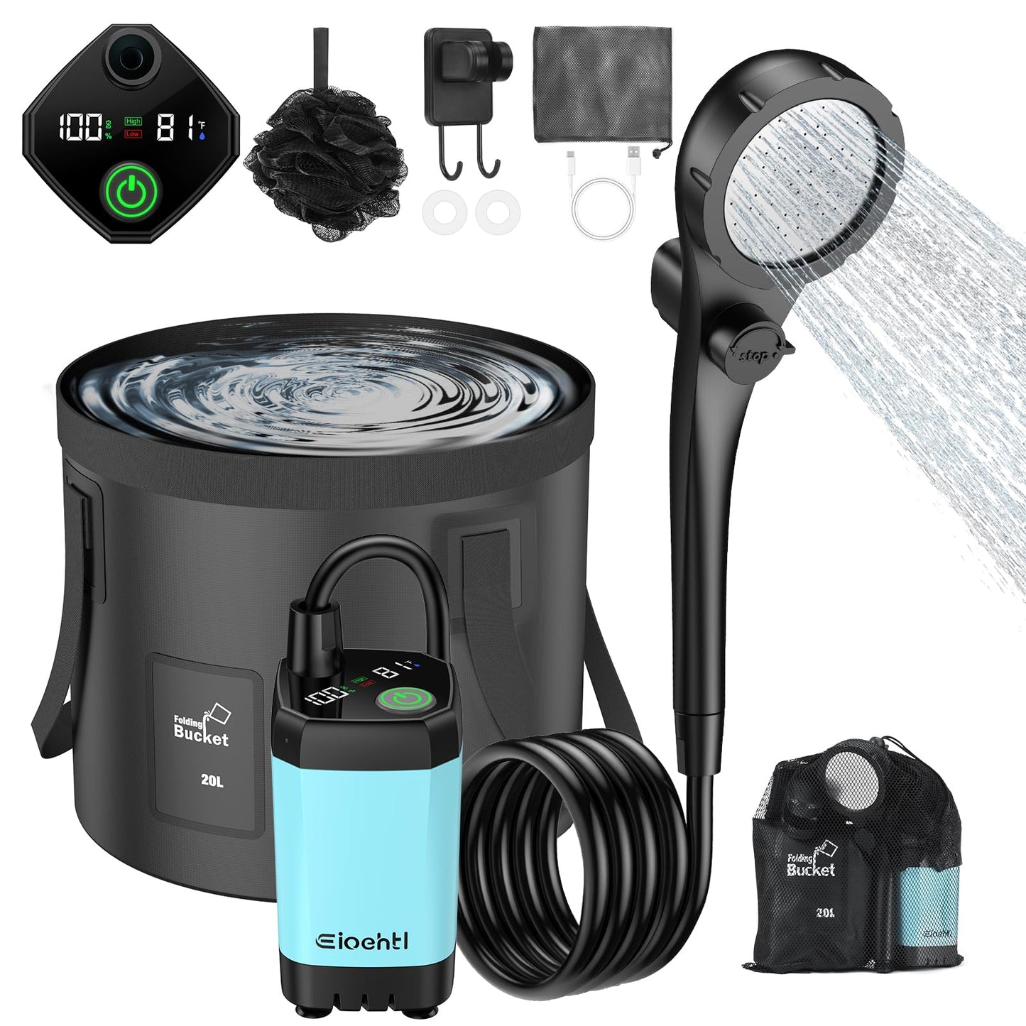 Portable Camping Shower, 6000mAh Camping Shower with LED Display, Camp Shower with 5 Gallons Collapsible Bucket, portable shower with 3 Spray Modes for Hiking, Travel, Car, Pet