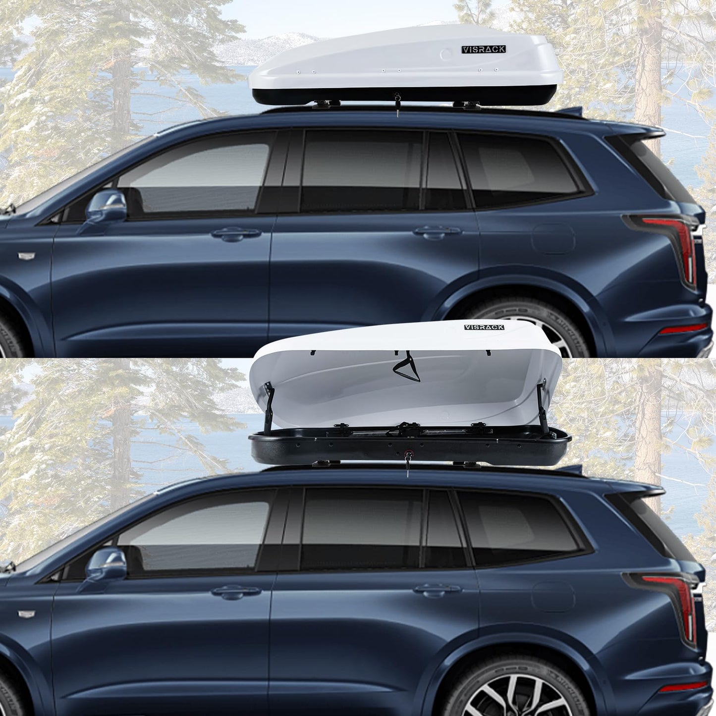 Hard Shell Roof Cargo Carrier, 13 Cubic Feet Storage, Durable ABS and PMMA Material, White Roof Box with Security Keys, Tool-Free Installation, Double-Sided Opening, 56" L x 30" W x 13.7" H