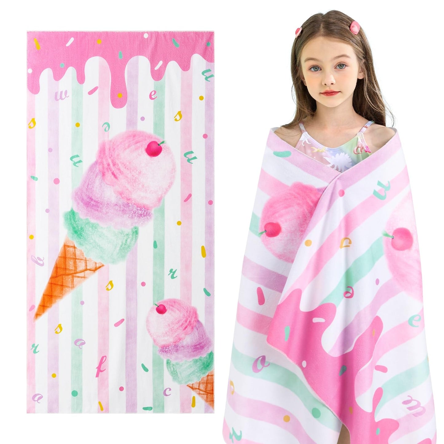 WERNNSAI Kids Beach Towel for Girls - 30” x 60” Ice Cream Sand Free Swim Towels for Girls Bath Pool Camping Travel Towel Quick Dry Ultra Absorbent Super Soft Beach Blanket Bath Shower Towel