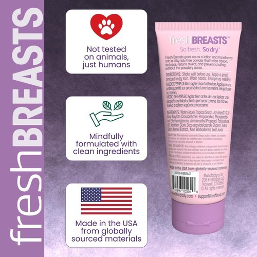 FRESH BREASTS Starter Pack - Anti Chafing Deodorant Lotion to Powder for Women, 3.4oz and On-The-Go Travel Size .07oz (15 pack) - Anti Chafe Cream Whole Body Deodorant for Women No Talc or Aluminum