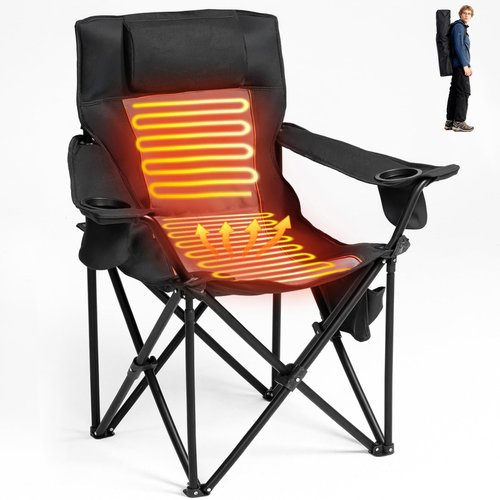 ceamorfco Heated Camping Chairs, Foldable Camping Chairs with 2 Cup Holders for Outdoor Sports,Folding Chair with 3 Heating Level for Back and Seat, Supports 400Lbs, Battery Not Include, Black & Grey