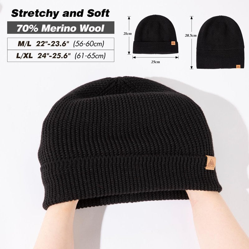 TOP-EX XL Winter Merino Wool Cuffed Beanie Hat for Men Women Warm Fleece-Lined Knit Skull Cap for Hiking Running Skiing Snow Thermal Hat for Cold Weather Extra Large for Big Head Black L/XL