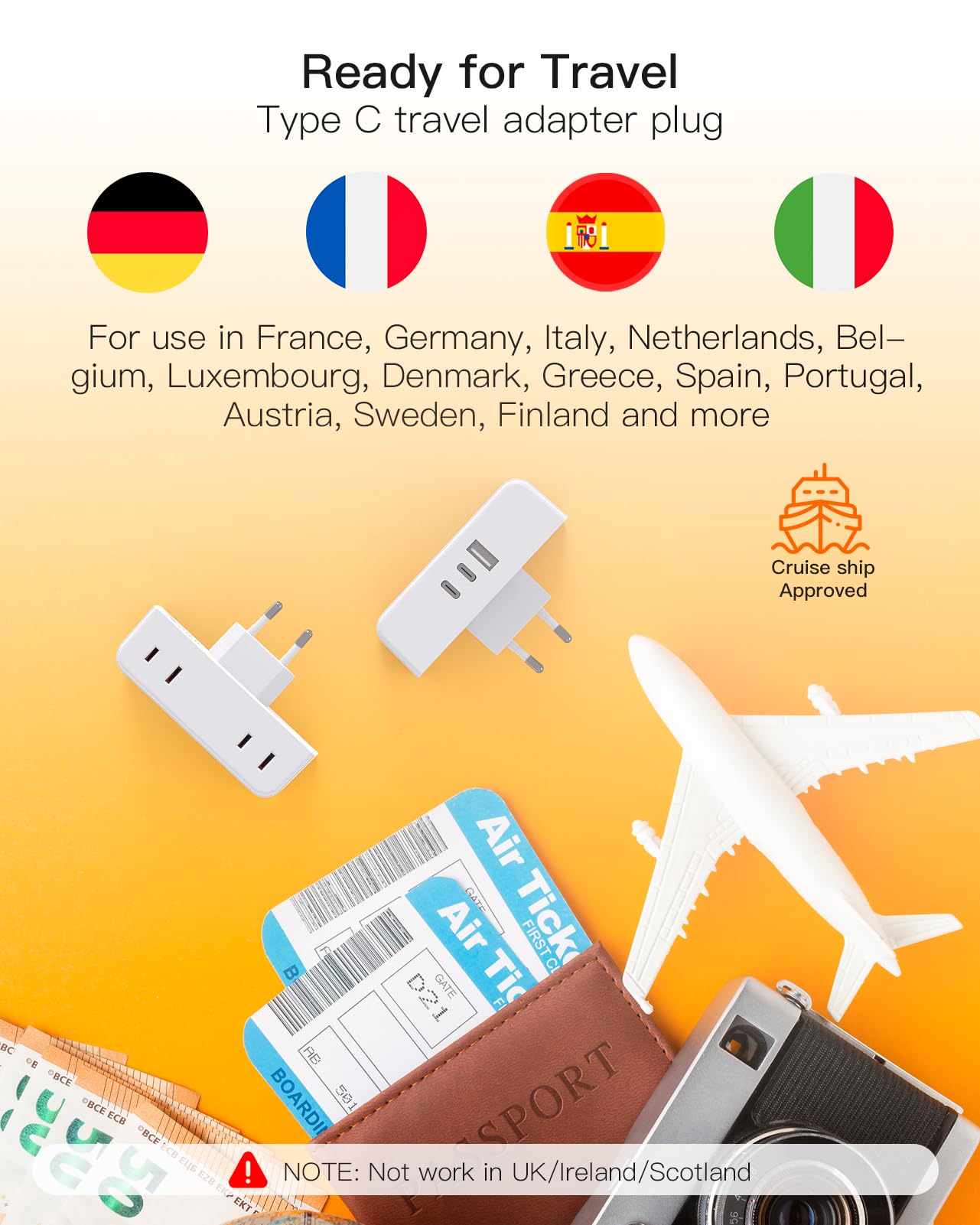 【2 Pack 】 7 in 1 European Travel Plug Adapter, Travel Essentials, International Travel Adapter with 4 Outlets 3 USB Ports(2 USB C), US to Europe Plug Adapter to Most Europe Spain Italy France