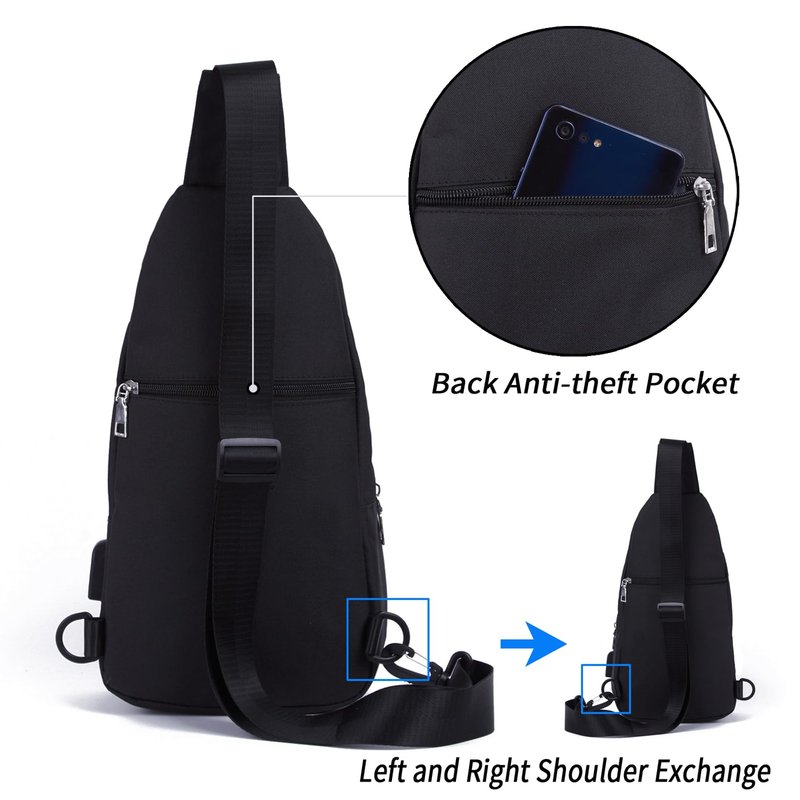 Seoky Rop Small Sling Bag for Men Women One Strap Shoulder Crossbody Backpack with USB Charging Port for Hiking Cycling Travel Black