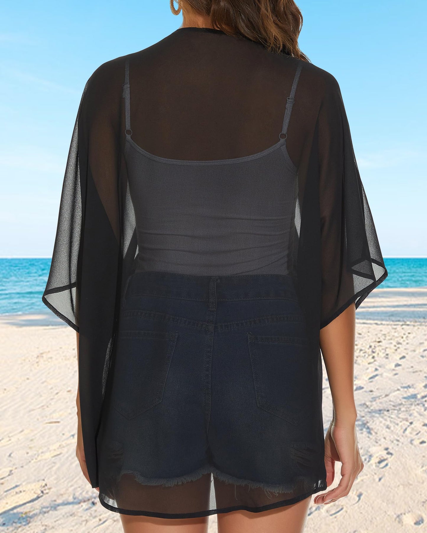 Womens Kimono Cardigans Beach Cover ups Swimwear Puff Sleeve Loose Casual Summer Tops (Black,L)