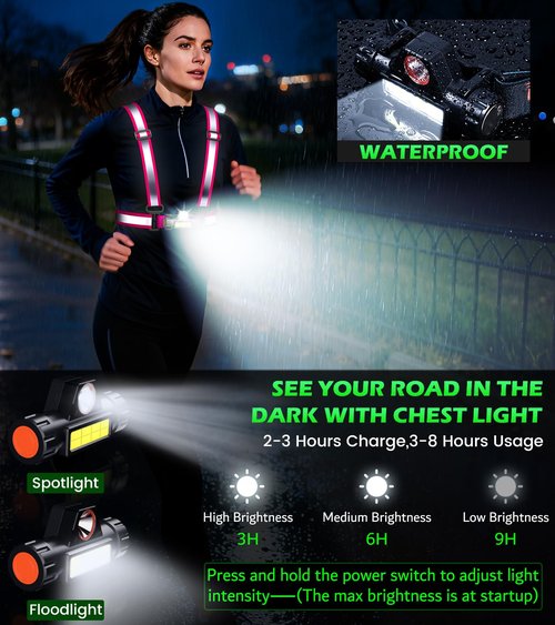 Hoeraonr Running Lights for Runners,90°Adjustable LED Reflective Vest Running Gear,Rechargeable Chest Light Up Running Vest Night Walking Safety Gear for Night Walking/Cycling/Jogging
