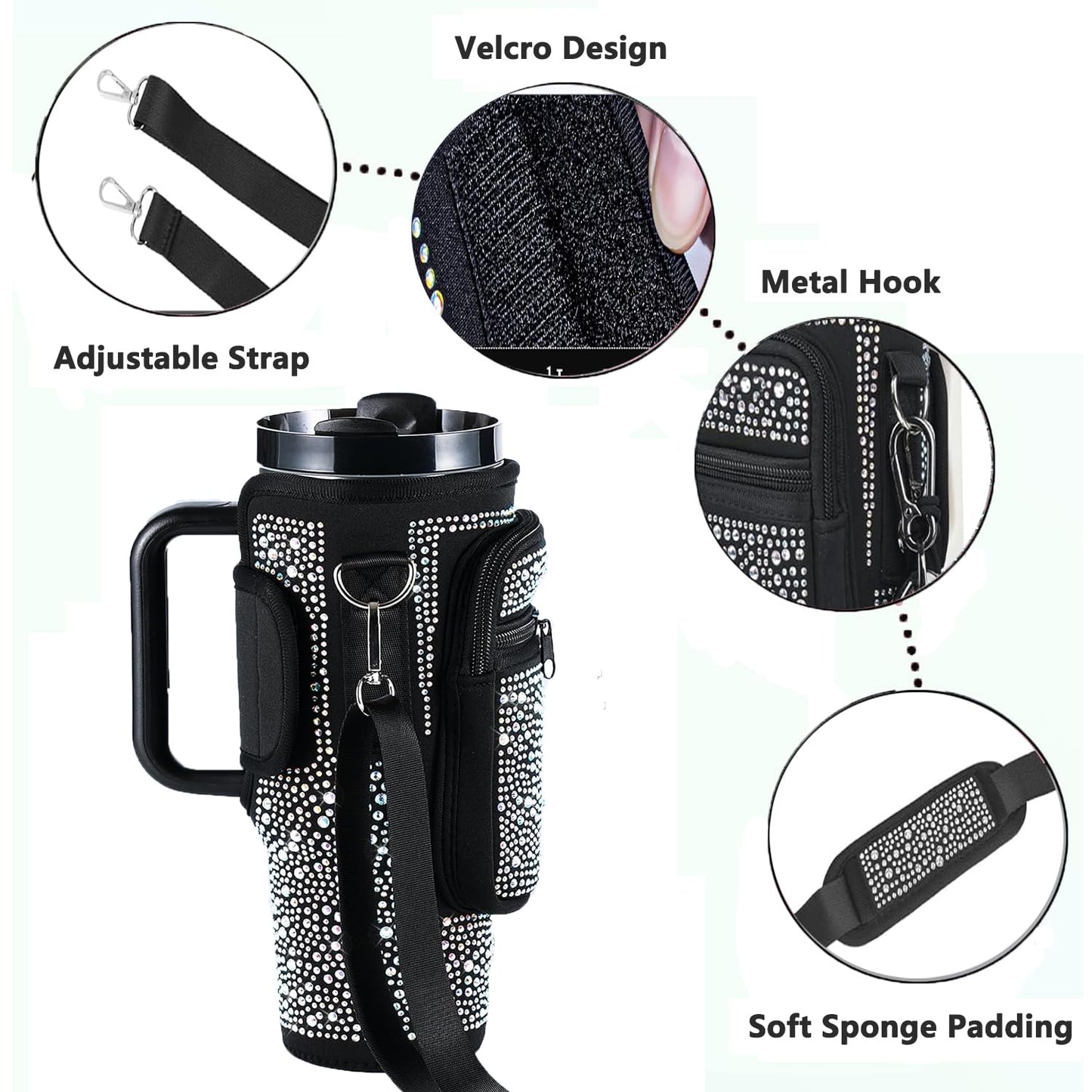 Bling Water Bottle Holder with Adjustable Strap & Straw Cover for Stanley Cup 40 oz Tumbler with Handle, Water Bottle Carrier Bag with Phone Pocket & Carabiner for Stanley Cup Accessories (Black)