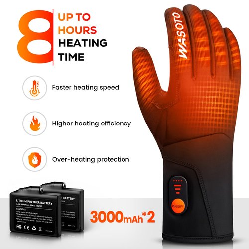 WASOTO Heated Gloves for Men Women,7.4V 22.2WH Electric Rechargeable Windproof Waterproof Touchscreen Heated Ski Gloves for Winter Outdoor Work Fishing Hiking Camping Cycling Driving Raynaud(L)