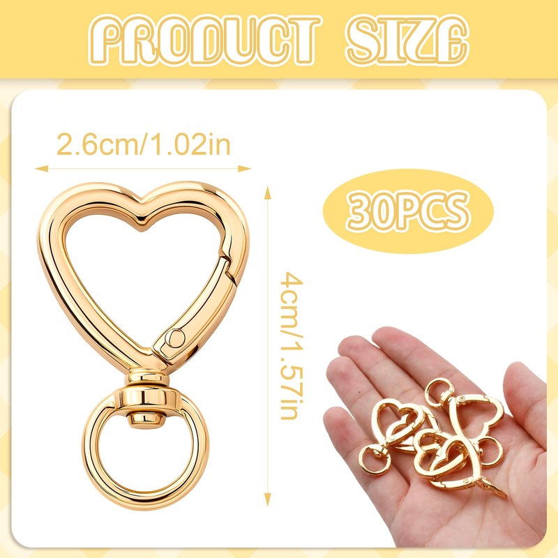 30 Pcs Gold Heart Keychain Clip with Swivel Clasps Hooks Cute Silver Heart Shaped Carabiner Clasp Zinc Alloy Key Ring Snap Keychain Hook Backpack Clips for Handbag DIY Making Hanging Buckle