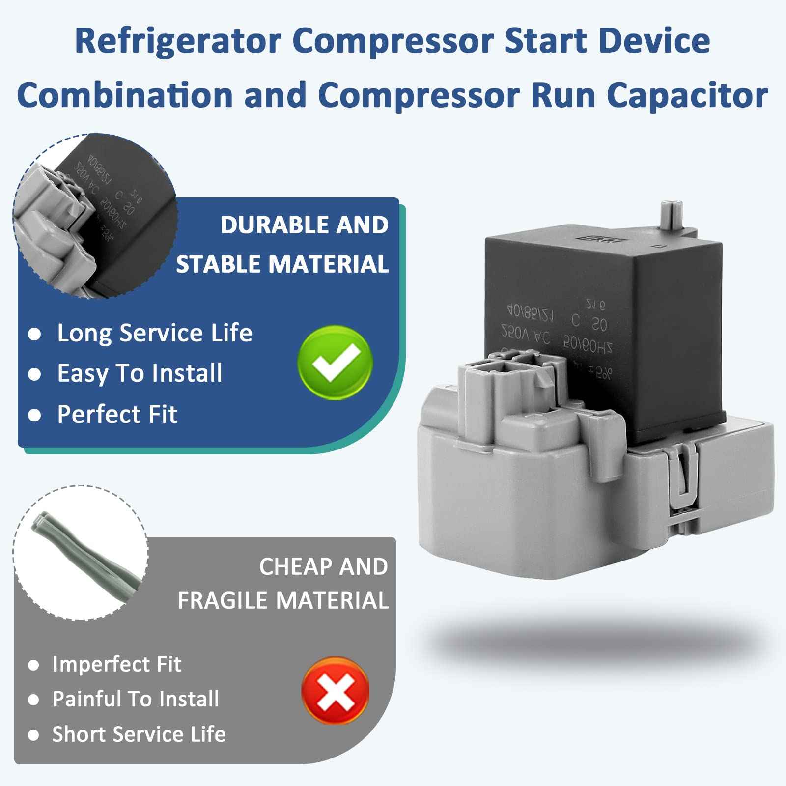 TSD2 W10189190 Relay/Overload and W10662129 Compressor Run Capacitor Compatible for Whirl-Pool Ken-More Elec-trolux by MIFLUS,2PCKS