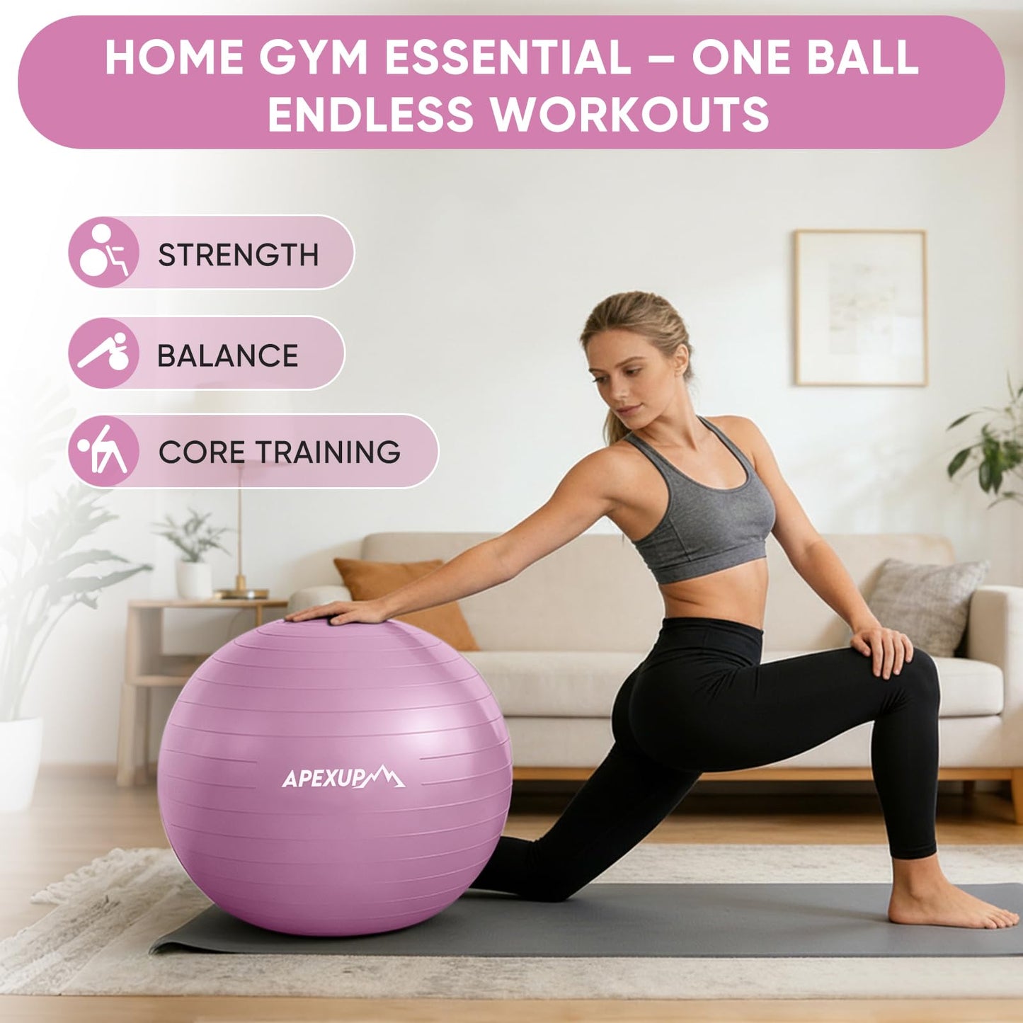 APEXUP Yoga Ball, 660 lbs Anti-Burst Exercise Ball with Pump, 5 Sizes