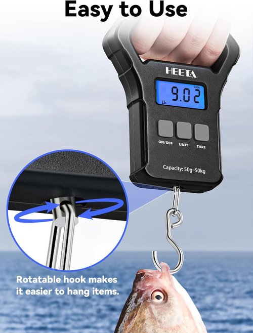 HEETA Digital Fishing Scale - 110lb/50kg Capacity, Backlit LCD, Non-Slip Handle & Hook | Perfect Fishing Gift for Men