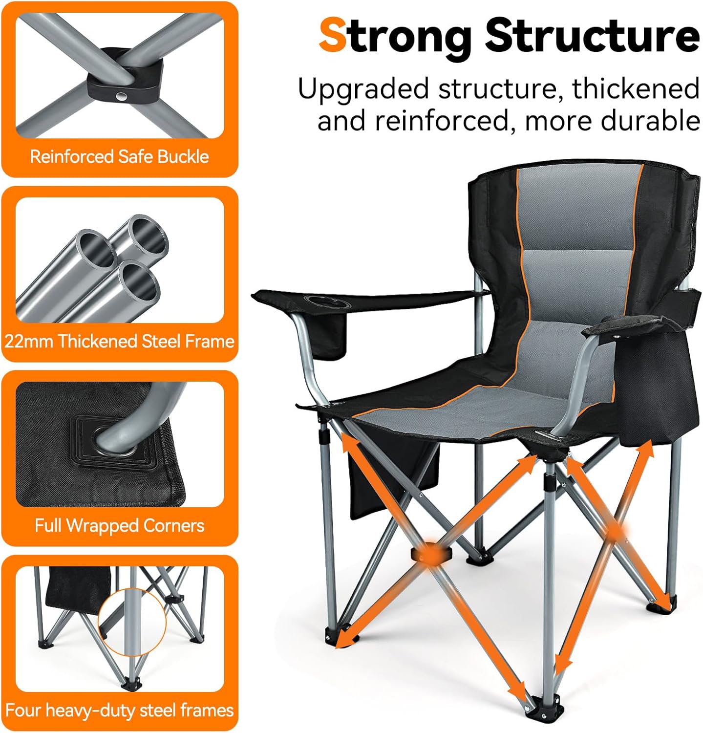 Skiennix Camping Chairs - 2 Pack Oversized Heavy Duty Folding Chairs with Cup Holder & Cooler Bag | Supports 400 LBS
